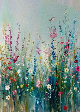 Zomers schilderij met bloemen, grassen en vlinders van Studio Pieternel