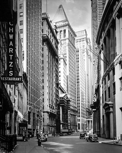 Historisch New York: Broad Street richting Wall Street, Manhattan, 1936.