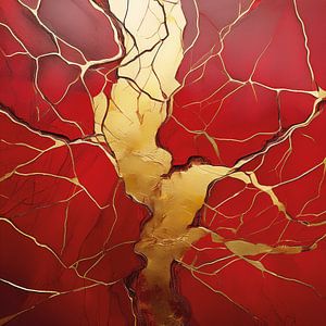 Art abstrait dans le style japonais du kintsugi, en rouge et or