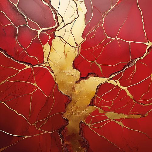 Abstracte kunst in Japanse kintsugi stijl in rood en goud