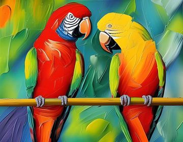 Twee papegaaien zittend op een stok van Betty Maria Digital Art