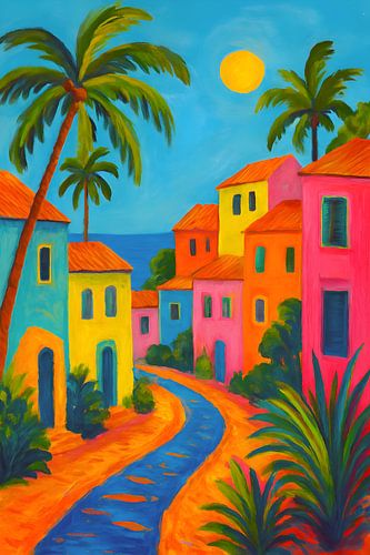 Caribische huizen schilderij.