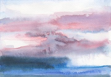 Sunrise at sea. Abstract art. Watercolor landscape in blue, pink, purple and white. by Dina Dankers