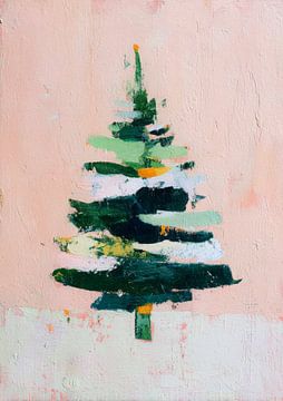 Abstrakter minimalistischer Weihnachtsbaum in frischen Grüntönen auf einem pastellrosa Hintergrund