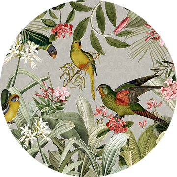 Speelse papegaai in het exotische regenwoud van Floral Abstractions