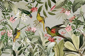 Speelse papegaai in het exotische regenwoud van Floral Abstractions