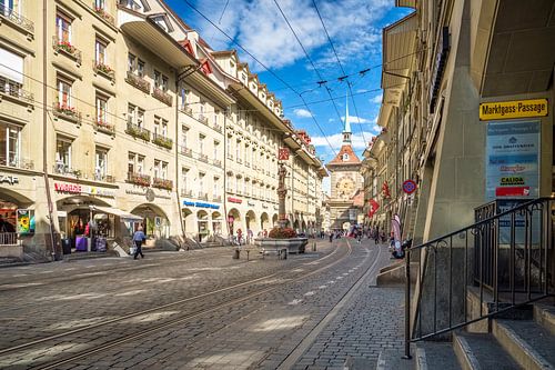 The Clock Tower (Zeitglockenturm) towering over the Marktgasse in Bern, Switzerland