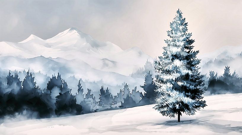 Winterliche Tanne vor nebeligem Wald von Frank Heinz