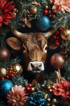 Christy Highland Cow - Merry Wreath of Colour and Shine by Eva Lee