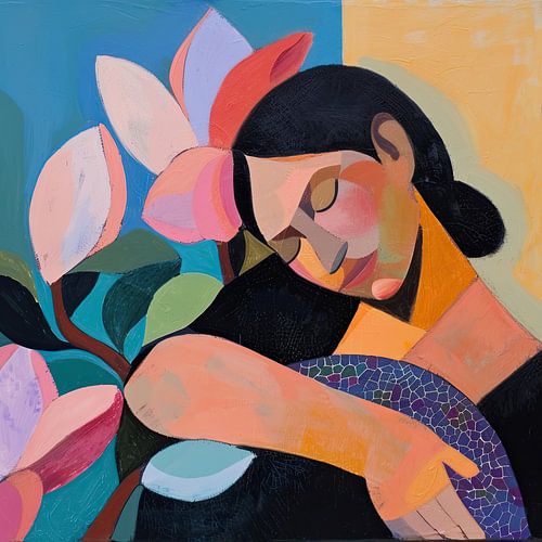 Schilderij van vrouw met magnolias