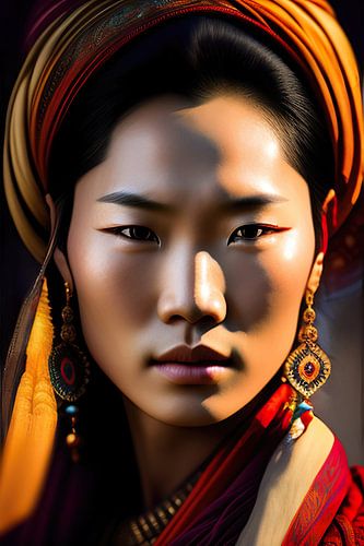 Aziatische dame V. digitaal schilderij van Aziatische tribale dame met aardetinten