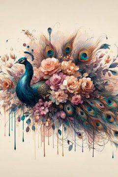Pauw in kleurrijk rozen boeket van Ellen Van Loon