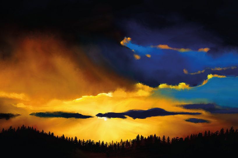 Expressief schilderij van een landschap met bergen van Tanja Udelhofen