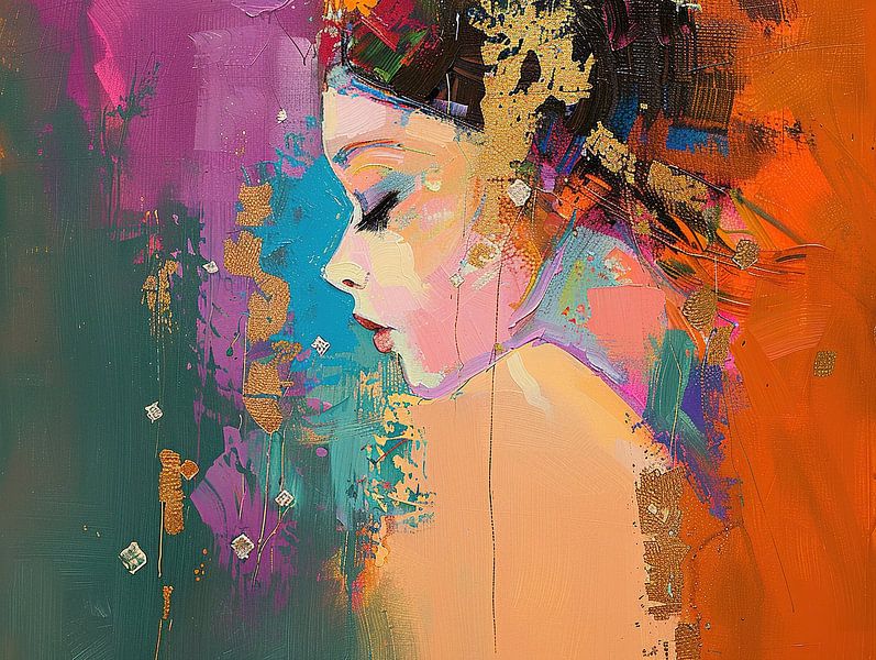 Frau mit Orange | Frau mit lebhaften Farben von Kunst Laune