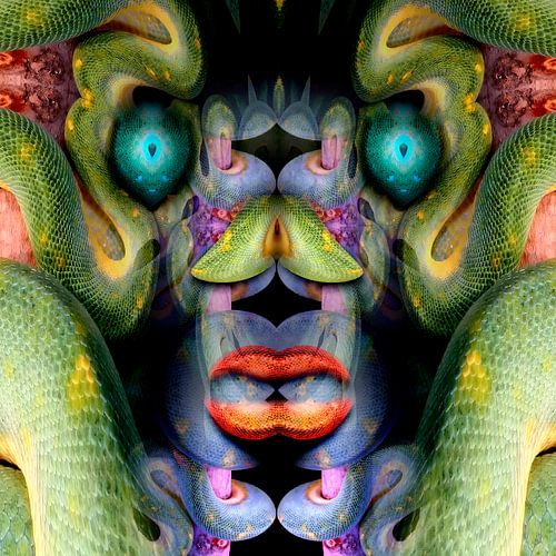 Slangenmens, gezicht gemaakt van onderdelen van een slang