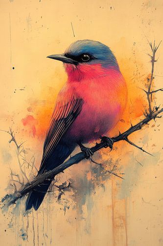 Bunter ruhender Vogel in warmen Farbtönen