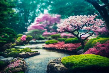 Japanischer Garten mit See und Bäumen im Frühling Illustration von Animaflora PicsStock