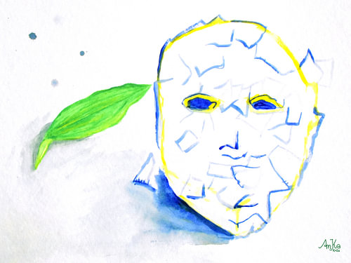 Expressionist mask in blue and yellow – Modern artwork featuring a leaf
