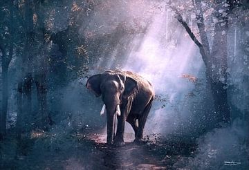 Digital Art. olifant in het bos. van Gelissen Artworks
