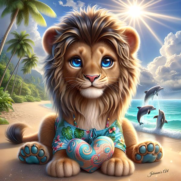 Cute Lion on a tropical beach 3 by Johannas Art Creations