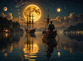 Sailor in former times at night wandering the waters by moonlight by Eye on You