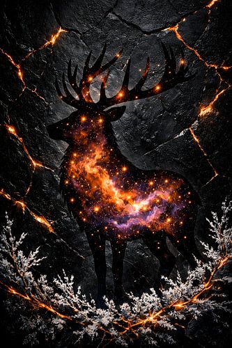 Œuvre d'art représentant la silhouette d'un cerf dans une galaxie céleste