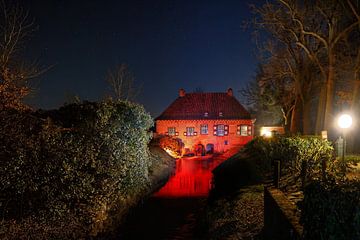 Limited Edition: Deurne watermill lit red in the dark by Joyce van Dijk Fotografie - fotografiekunst vanuit m'n