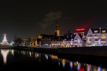 Evening skyline of Maastricht during Christmas period with the knight brewery