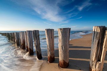 houten golfbreker op het strand langs de Nederlandse kust bij Burgh-Haamstede in de provincie Zeelan