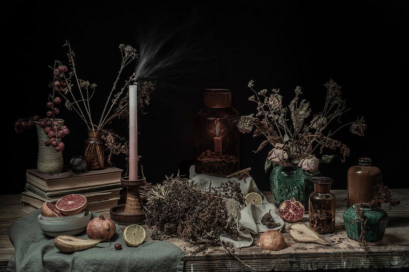 Impermanence | a table full of dried fruit and flowers, old books