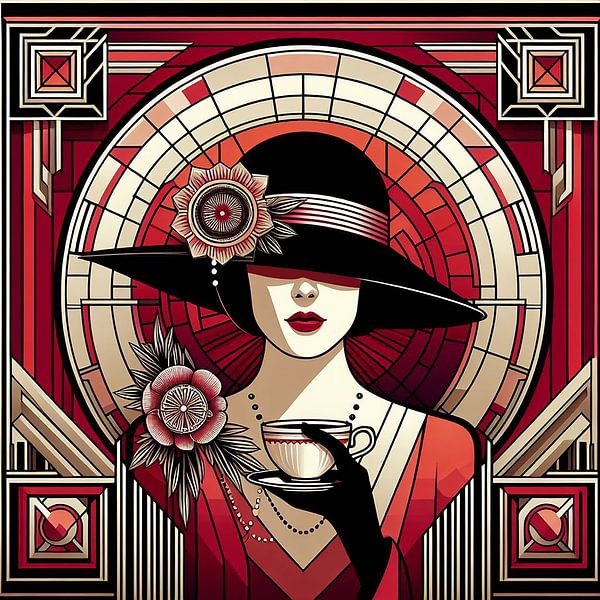 Vrouw met een kopje thee art deco van Tatjana Korneeva