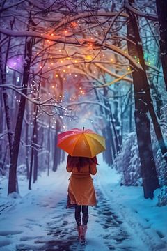 Kleurrijke paraplu, sneeuwvlokken van fernlichtsicht