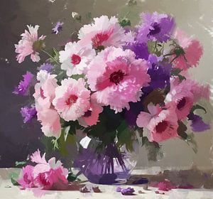 Ein Stillleben voller Blumenstrauß von rosa lila Ausdruck Pfingstrosen in Vase.