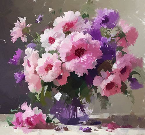 Een stilleven vol boeket roze paars expressie pioenrozen in vaas.