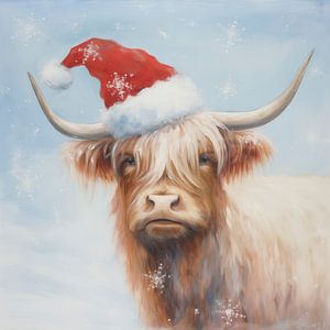 Schottischer Highlander mit Weihnachtsmannmütze