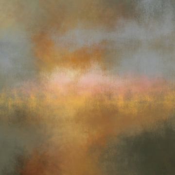 Kleurrijk abstract minimalistisch landschap in pastelkleuren. Okergeel, roze, lichtblauw. van Dina Dankers