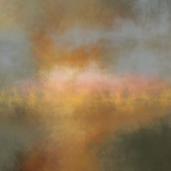 Kleurrijk abstract minimalistisch landschap in pastelkleuren. Okergeel, roze, lichtblauw. van Dina Dankers