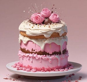 Eine Hochzeitstorte in Rosa und Weiß mit wippenden, cremefarbenen Rosen obenauf.