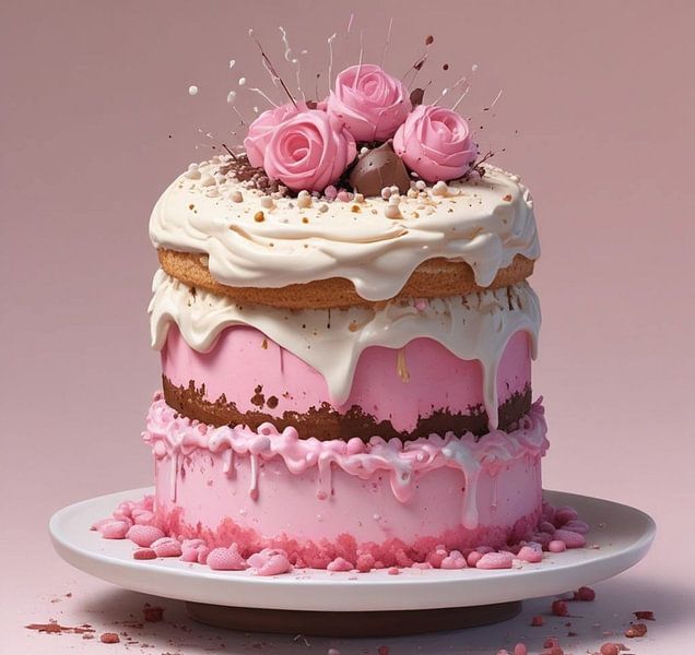 Eine Hochzeitstorte in Rosa und Weiß mit wippenden, cremefarbenen Rosen obenauf. von J.a Dijkstra