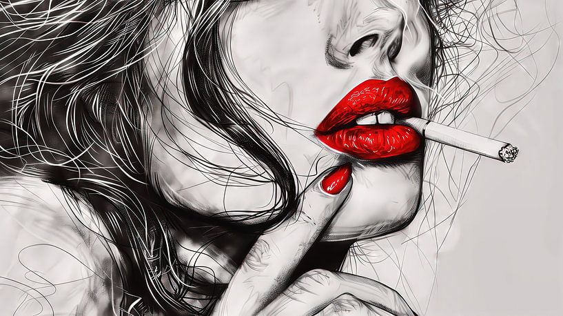 Vrouw met rode lippenstift en nagellak, rokend van Frank Heinz