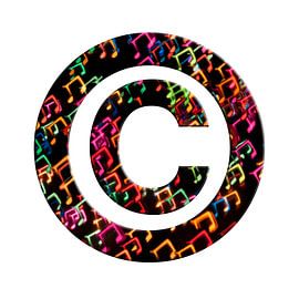 Copyright-symbool met een overlay van bokeh-muzieknoten.