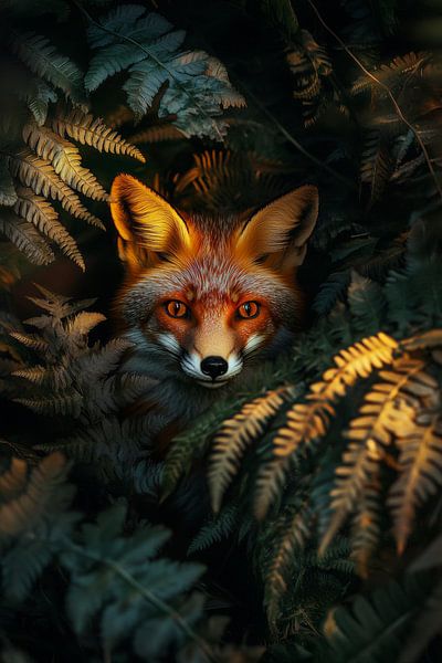 Fox looks out of the green undergrowth by Poster Art Shop