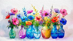 Sommer! Reihe von Vasen mit fröhlichen Blumen