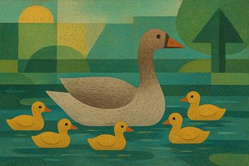 Geometrische Illustration einer Entenfamilie, die in einem Teich schwimmt. von Galerie Hoppenbrouwers