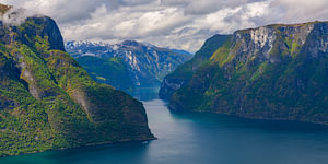 Blick auf den Aurlandsfjord, Vestland, Norwegen