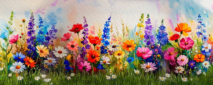 Peinture panoramique d'un champ de fleurs en été par Studio Pieternel