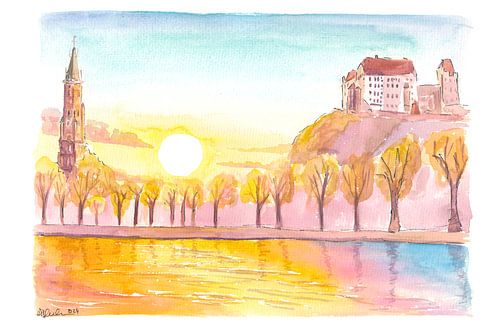 Landshut Morning Sun avec vue sur St Martin et Trausnitz depuis l'Isar