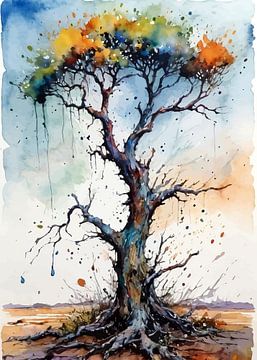 Knorriger toter Baum Aquarell - Dramatische ausdrucksstarke Natur Kunst