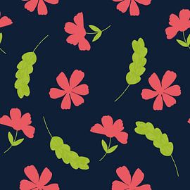 Einfaches florales Muster mit roten Blumen auf tiefblauem Hintergrund von SoftNature Patterns