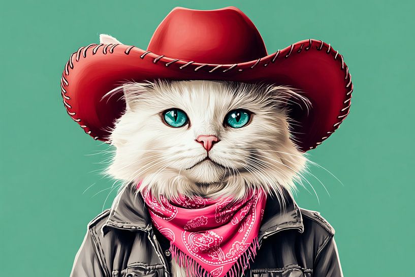 Weiße Katze mit Cowboyhut von Imperial Art House